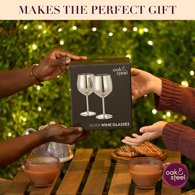 Oak & Steel - 2 Silver Stainless Steel Wine Glasses (18 Oz) Unbreakable Metal Wine Glasses, Wine Goblets with Gift Box for House Warming, Valentines, Anniversary