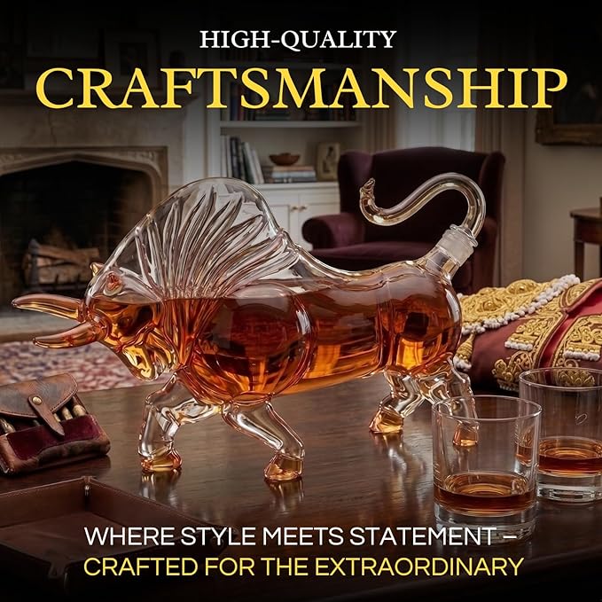 Charging Bull Decanter El Matador Wall Street Bull Charging Head Forward Animal Bullfighter Liquor Decanter for Bourbon Whiskey Scotch Zodiac Shape Clear 1000ml Dispenser Unique Bar Gift, Men Office