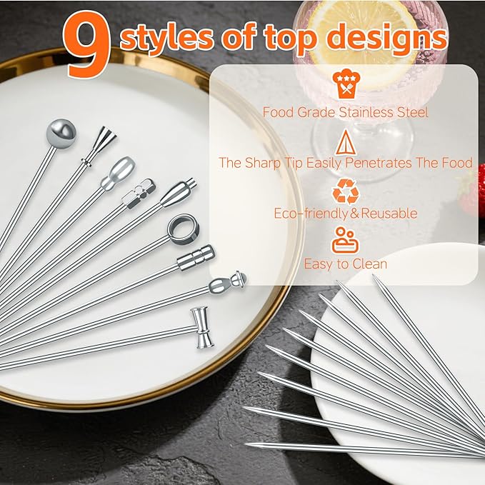 9 Pcs Metal Martini Cocktail Picks, 4.1Inches Olive Skewers Stainless Steel, Martini Garnish Sticks Reusable, Metal Toothpicks for Drinks, Appetizers, Bar Accessories Supplies for Bartenders -Sliver