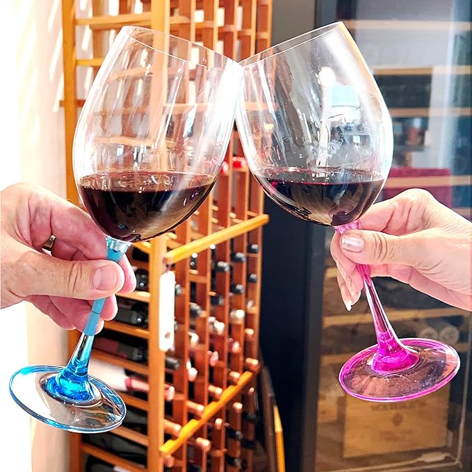 Lily's Home Unbreakable Stemmed Red Wine Glasses Set of 4, Reusable & Dishwasher-Safe, 22 oz Shatterproof Plastic Wine Glasses with Multi Color Stem for Party, Wedding, Home and Outdoor