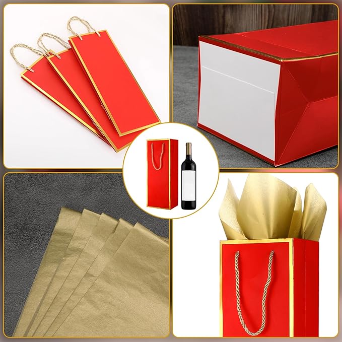 TaoBary 50 Pcs Wine Gift Bags and Gold Wrapping Paper Set Wine Bags for Bottle Bulk 4 x 5 x 13 Inch Champagne Gift Paper Sack with Handles for Valentines Day Appreciation Wedding Anniversary