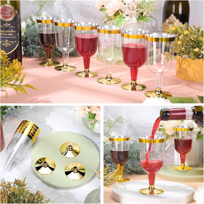 CHENGU 100 Pcs Plastic Wine Glasses 7 oz Gold Rimmed Mini Stemware with Removable Base for Wedding Parties Birthday Anniversary Champagne Toasting(gold)