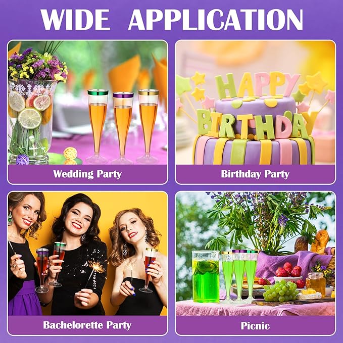Jingmore 36 Pcs Plastic Champagne Flutes 4.5 oz Clear Disposable Wine Glasses Cocktail Cup Champagne Glass for Wedding Graduation Summer Party Favor Mimosa Bar Supplies (Purple,Green)