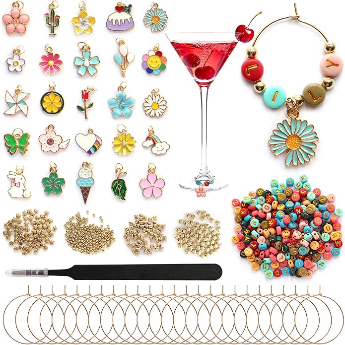 DIY Wine Glass Charms Kit, 25pcs Personalized Reusable Drink Marker Tags, Glass Identifiers for Wine Tasting Party, Unique Hostess Gifts & Party Decorations