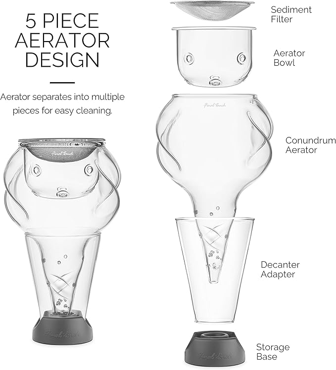 Final Touch Conundrum Aerator for Wine Decanters - Instant Wine Oxygenation, 3 Phase Aeration System, Stainless Steel Sediment Filter, Fits Angled & Straight Decanter Rims (WDA590)