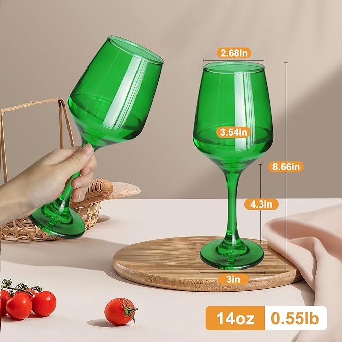 Green Wine Glasses Set of 6, 14oz Stemmed Glasses, Thick & Colored, Dishwasher Safe Stemware for Red or White, Gift for Party, Holiday, Anniversary, Restaurant, Home Bar, Daily Use