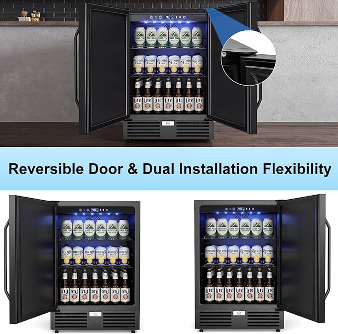 24 Inch Beverage Refrigerator–210 Can Large Capacity Beverage Fridge with French Door, Built-in or Freestanding Under Counter Outdoor Beverage Cooler with Reversible Door, Black