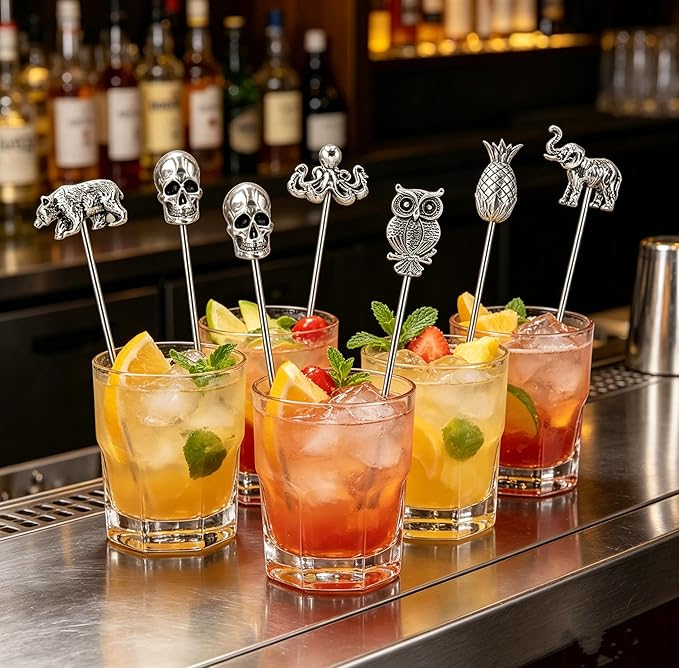 Homestia Stainless Steel Cocktail Picks, 4.7 Inch Reusable Martini Olive Picks, Metal Garnish Skewers for Drinks, Appetizers, Bloody Mary - Set of 6 Metal Cocktail Picks for Party Bar