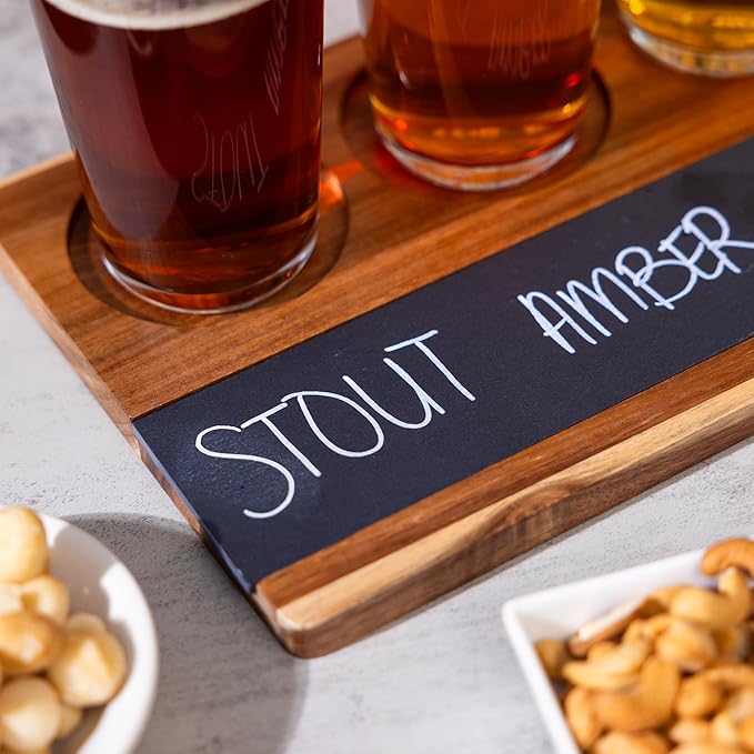 Wooden Flight Board Set – Wine, Beer, Whiskey, Mimosa, and Cocktail Tasting Tray – Acacia Wood Serving Board with Slate Chalkboard – Home Bar & Entertaining Gift (Set of 4, 16x8 inches)