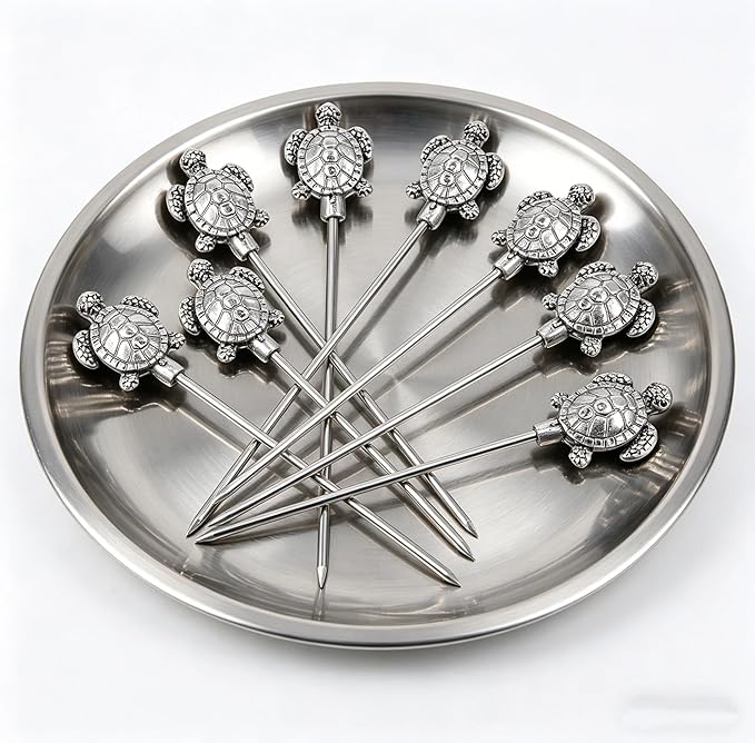 Homestia 4.6" Stainless Steel Cocktail Picks, 6PCS Turtle Design Metal Drink Garnish Skewers - Food Grade 304 Stainless Steel Fruit Picks for Cocktails, Appetizers, Olives, Party Decor - Reusable