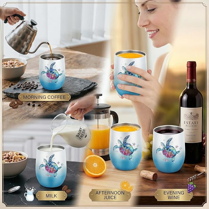 Sea Turtle Insulated Wine Tumbler for Women, Birthday Gift for Sea Turtle Lovers, 12 oz Stainless Steel Beach Wine Glass Mug Cup with Lid and Straw, Ocean Beach Gifts for Mom Best Friends Coworker