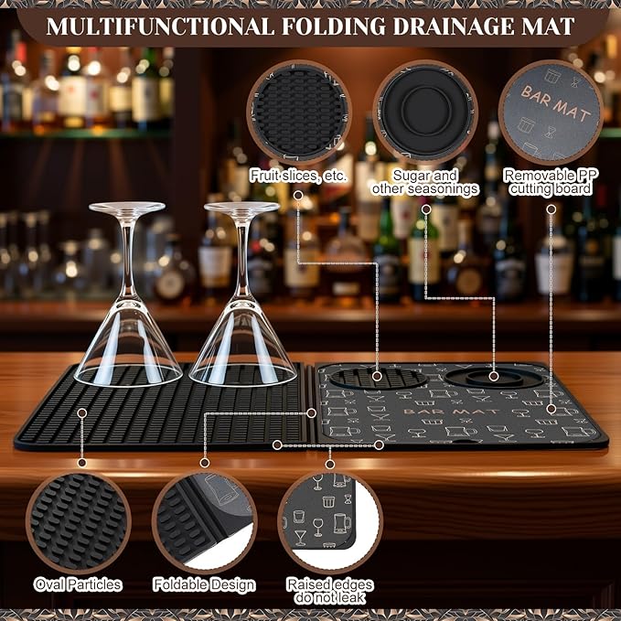 28 Pcs Cocktail Shaker Set and Bartender Kit with Stand, 18 x 12 Inch Folding Bar Mat with Cutting Board, 3 Tier Bar Glass Rimmer, Liquor Pour Spout Bartender Tool Gift for Home and Mixology
