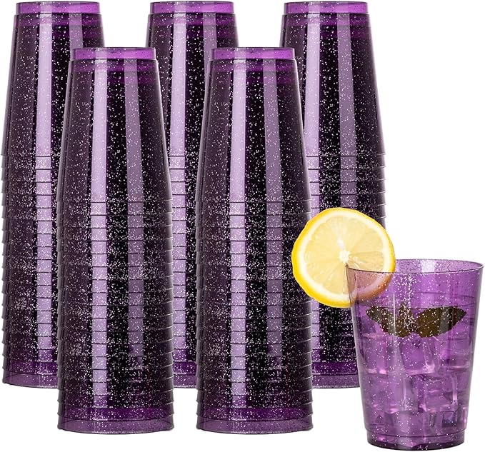 DaYammi 100 Pack 10 oz Purple Plastic Cups- Disposable Cups Tumblers, Elegant Purple Glitter Party Drinking Cup Perfect for Wedding Purple cups Perfect for Mother's Day Party Wedding