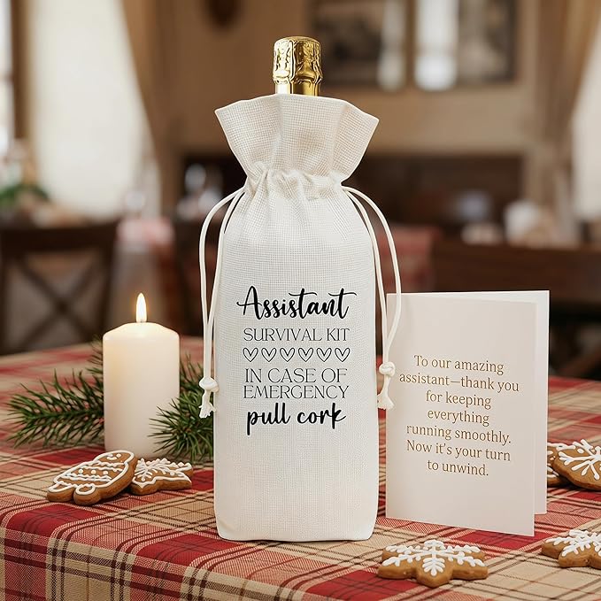 Assistant Appreciation Gift Wine Bag, Funny Survival Kit Linen Drawstring Wine Bottle Cover, Reusable Wine Gift Pouch for Administrative Assistant Office Staff Thank You Gift - A11