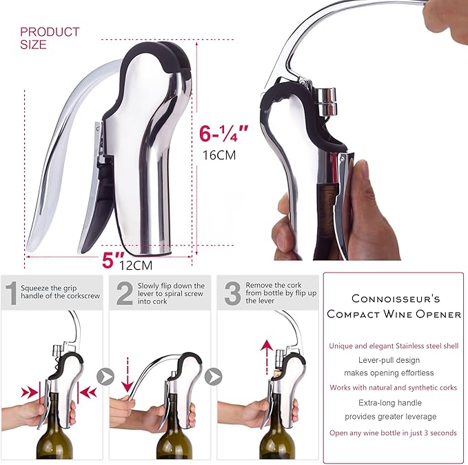 Best Utensils Professional Compact Wine Opener Connoisseur's Corkscrew Gift Set, Professional Stainless Steel Wine Opener With Built-In Foil Cutter, Bonus Screw