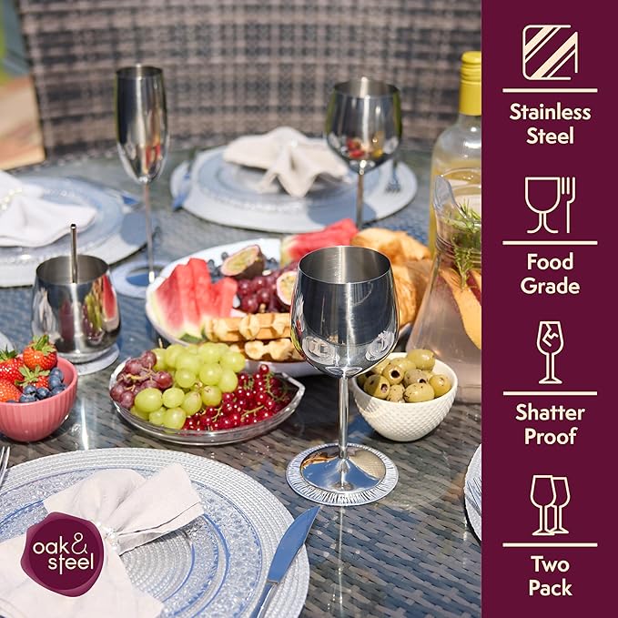 Oak & Steel - 2 Silver Stainless Steel Wine Glasses (18 Oz) Unbreakable Metal Wine Glasses, Wine Goblets with Gift Box for House Warming, Valentines, Anniversary