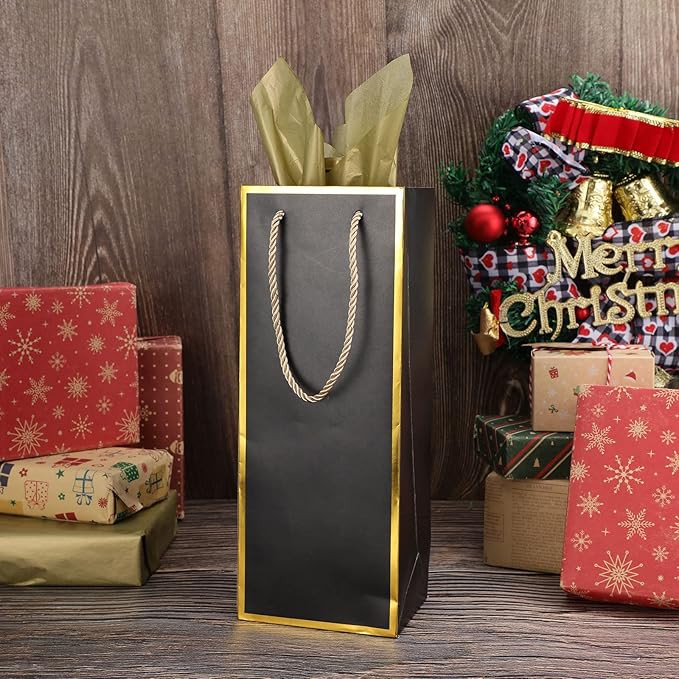 TaoBary 50 Pcs Wine Gift Bags and Gold Wrapping Paper Set Wine Bags for Bottle Bulk 4 x 5 x 13 Inch Champagne Gift Paper Sack with Handles for Christmas Appreciation Wedding Anniversary(Black,50 Pcs)