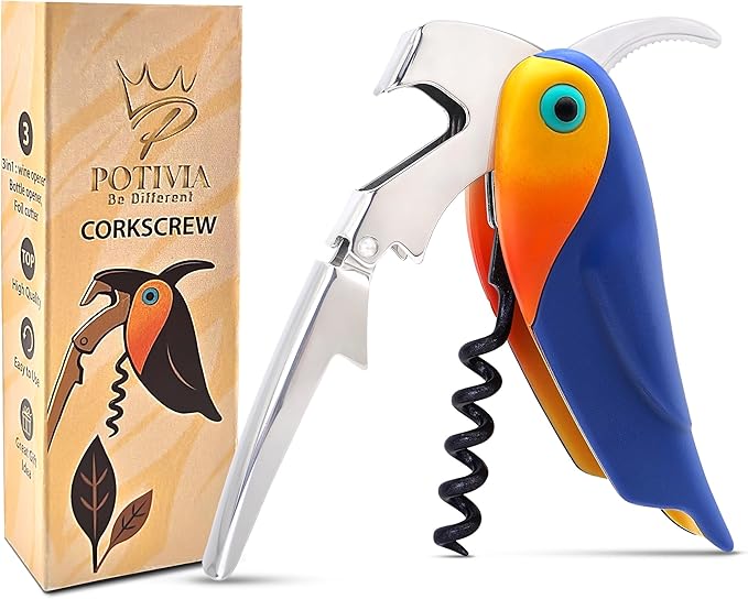 Wine Opener Waiter Corkscrew - Professional Wine Key for Servers & Bartenders with Foil Cutter - Manual Bottle Opener, Double Hinged Bird Shape 3-in-1 (Blue)