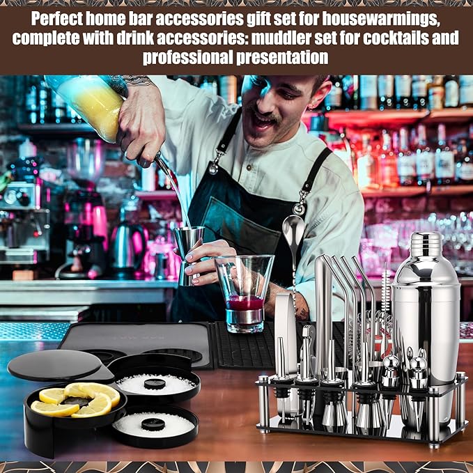 28 Pcs Cocktail Shaker Set and Bartender Kit with Stand, 18 x 12 Inch Folding Bar Mat with Cutting Board, 3 Tier Bar Glass Rimmer, Liquor Pour Spout Bartender Tool Gift for Home and Mixology