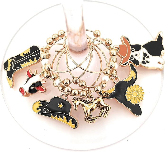 Pixie Cowboy & Cowgirl Wine Charms, 6 Piece Gift Set – Western Glass Tag Identifiers, Horse & Herding Dog Party Favors