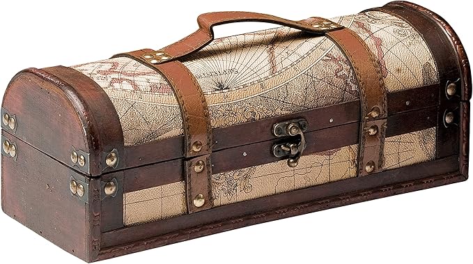 Twine Old World Wine Bottle Gift Box, Wooden Wine Box with Lid and Handle, Wood, Faux Leather, Antique Map Design, Holds 1 Bottle