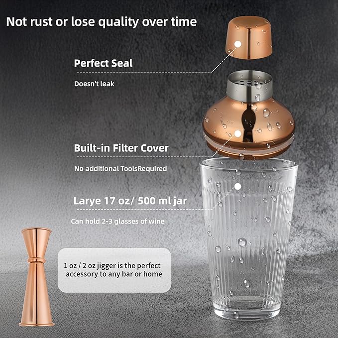Cocktail Shaker Set - Bartender Shaker Kit with Mixing Tools & Stainless Steel Strainer, Premium Bar Tool Set for Crafting Martinis & Whiskey Cocktails (Rosegold)
