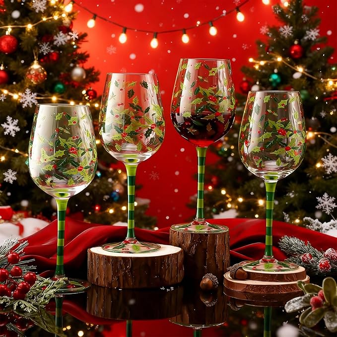 SiliFine 4 Pcs Christmas Holly Berry Party Stemmed Wine Glasses Hand Painted Drinking Cup Wine Glasses Gifts for Birthday Theme Holiday Party Supplies