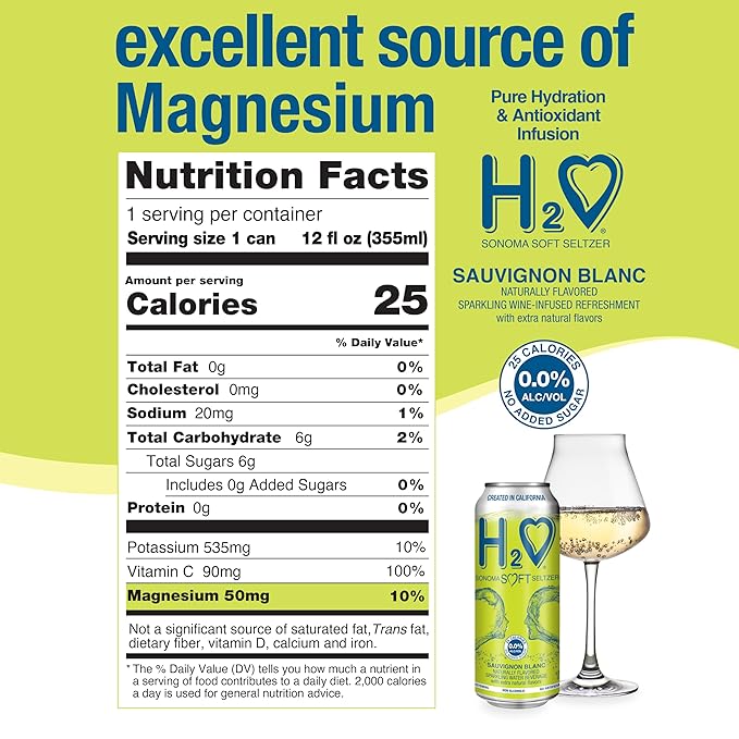 H2o (Excellent Acidity) W24– The Only NA with Science Research | California White Non Alcoholic Wine Infused Refreshment, 0.0% Alcohol, (Larger 1.5x size Sauvignon Blanc, Pack of 24-12 Fl oz)