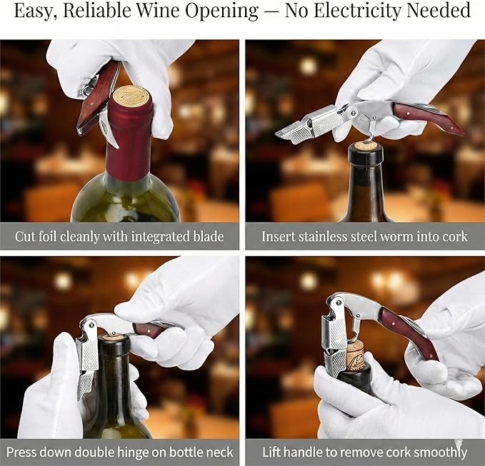 Wine Opener & Corkscrew (2 Pack), Professional Double Hinged Wine Bottle Opener with Foil Cutter & Wood Handle, Waiter's Corkscrew Wine Key for Bartender & Server, Vegan Leather Pouch Gift Set