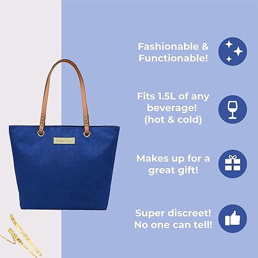 PortoVino City Tote Bag - Canvas Wine Purse with Hidden Spout and Dispenser Flask for Wine Lovers that Holds and Pours 2 bottles of Wine! For Traveling, Concerts, Bachelorette Party - Royal Blue