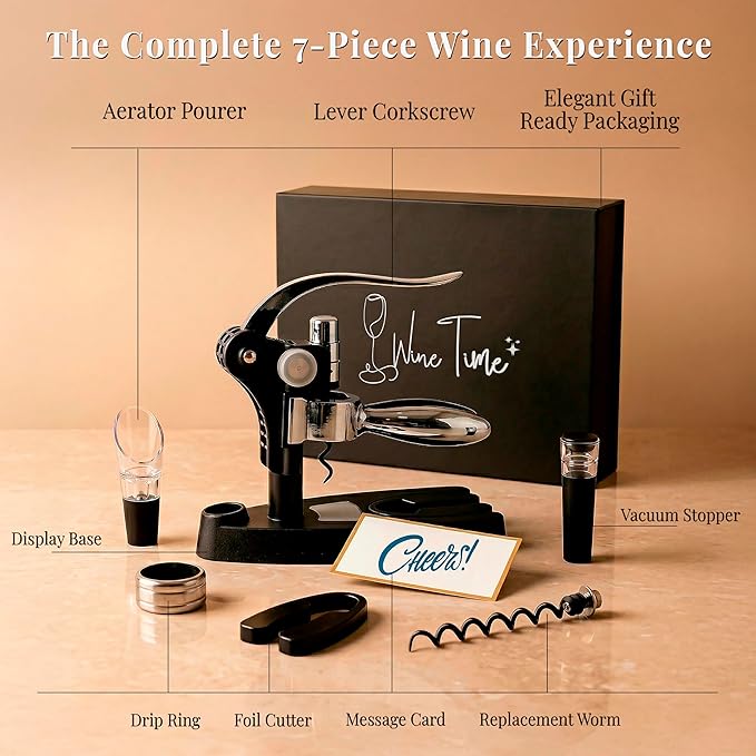 Complete Corkscrew Wine Opener Set With 7 Essential Accessories – Luxury Corkscrew Wine Opener Set for Effortless Uncorking & Wine Preservation – The most Elegant Wine Opener Gift Set (Pure Silver)