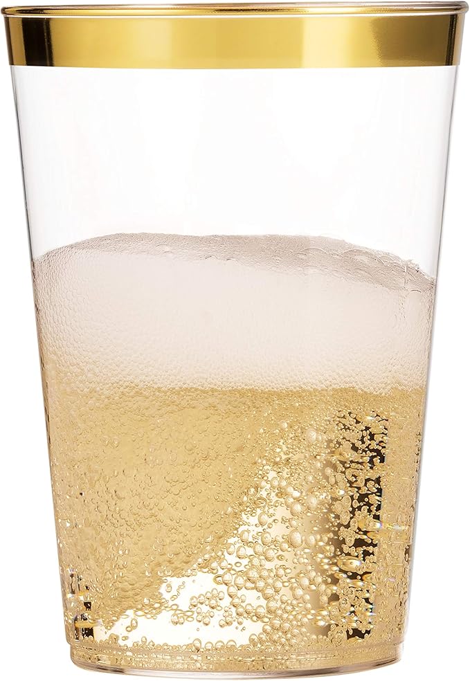 Munfix 100 Gold Plastic Cups 14 Oz Clear Tumblers Gold Rimmed Fancy Disposable Wedding Elegant Party Cups with Gold Rim