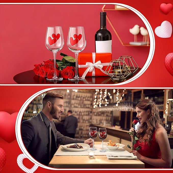 SiliFine 4 Pcs Valentine's Day Red Hearts Theme Party Stemmed Wine Glasses Hand Painted Red Heart Drinking Cup Wine Glasses Gifts for Birthday Theme Holiday Party Supplies