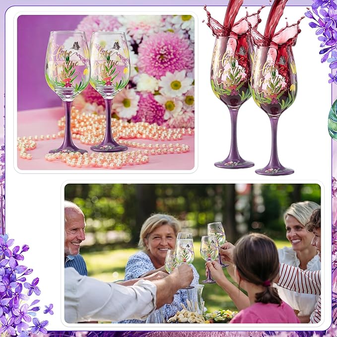 SiliFine 4 Pcs Mother's Day Party Stemmed Wine Glasses Hand Painted Purple Lavender Butterfly Drinking Cup Wine Glasses Gifts for Women Spring Birthday Theme Holiday Party Supplies