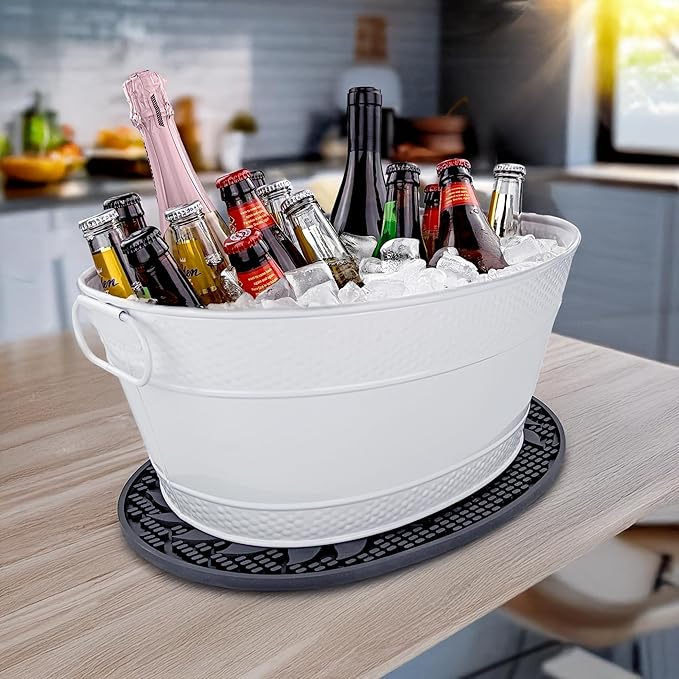 BREKX Galvanized Drinks Tubs with Insulated Bar Mats (Set of 2 tubs + 2 Bar Mats) - Wine and Beer Drip-Proof Party Tubs