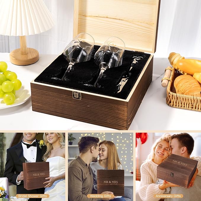 Mr and Mrs Wine Glasses, Wedding Gifts for Couples, Engagement Gift for Newlyweds, Bridal Shower Gift, Anniversary Wine Glass Wine Opener Stopper with Engraved Wooden Keepsake Box for Bride and Groom