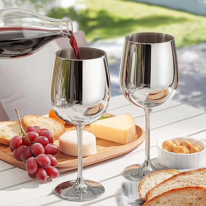 K&K Home Silver Stainless Steel Unbreakable Wine Glasses - 18 oz - Set of 2 Colored, Stemmed Metal Wine Glasses Perfect for Outdoors, Weddings, and Parties (Silver, Set of 2)