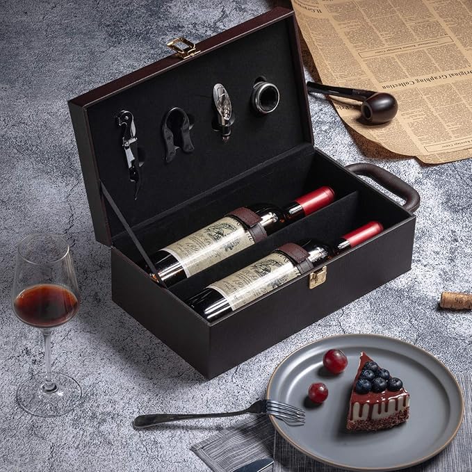 Wine Box, 2 Bottle Leatherette Top Handle with 4 Wine Accessory Travel Wine Gift Box, Handmade Premium Wine Carrier Case