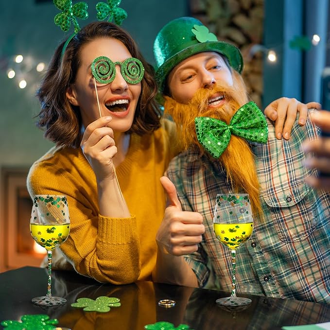 SiliFine 4pcs Green Wine Glasses, 14-17 oz St. Patrick's Day Drinking Cup, Hand Painted Lucky Shamrock Glasses for Party Supplies & Decorations