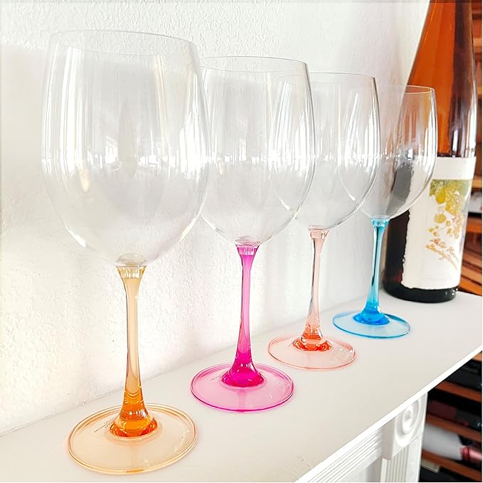 Lily's Home Unbreakable Stemmed Red Wine Glasses Set of 4, Reusable & Dishwasher-Safe, 22 oz Shatterproof Plastic Wine Glasses with Multi Color Stem for Party, Wedding, Home and Outdoor