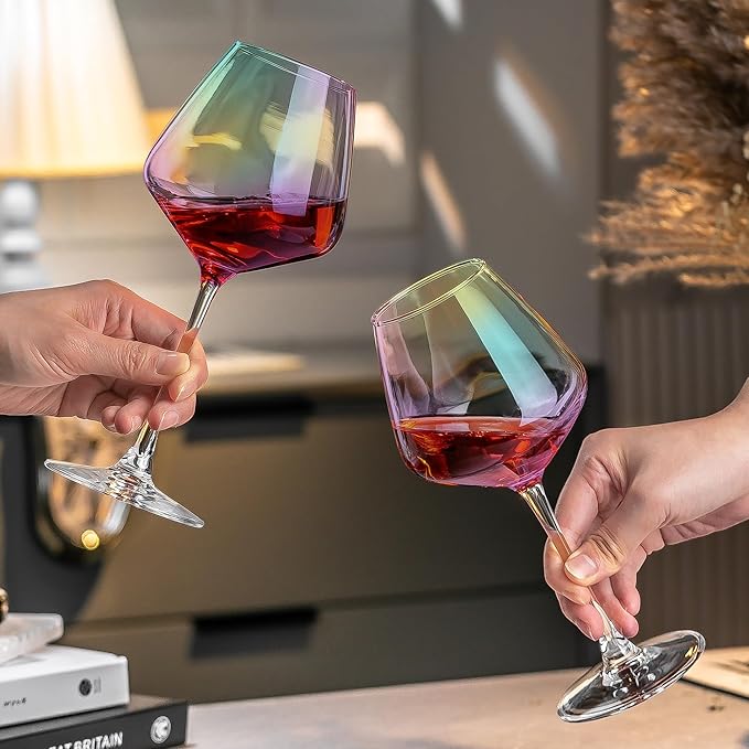 PTSTING Wine Glasses 15.5oz Iridescent Wine Glasses Set of 4 Burgundy Wine Glasses for Wine Tasting, Wedding Gift, Anniversary, Christmas, Birthday
