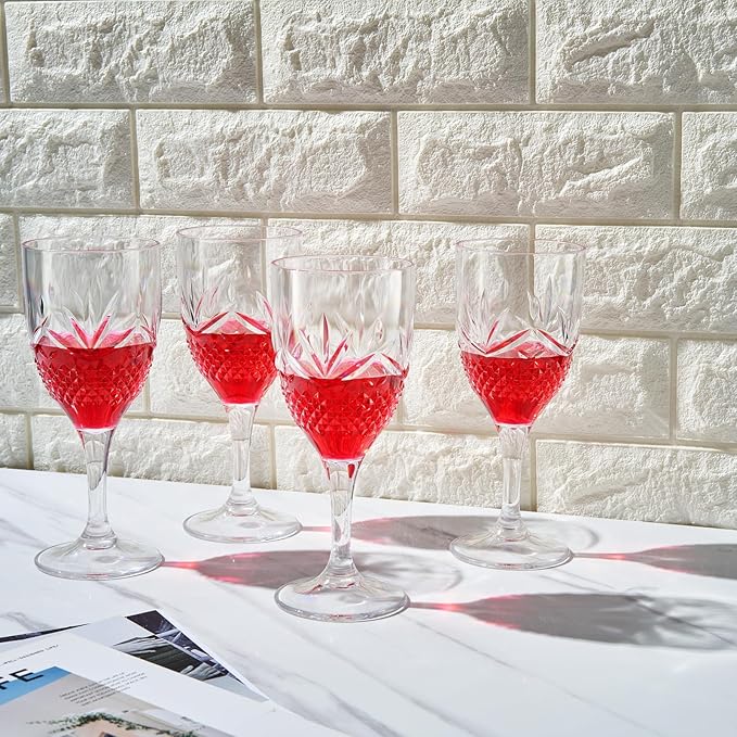 Shatterproof Tritan Stemmed Fancy Wine Glasses Goblets, Resalable | 4 Set | Clear Colors Crystal Glass Lookalike Crystal Acrylic Drinkware, Reusable Unbreakable BPA-free plastic, Outdoor & Indoor 11OZ