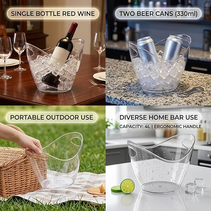 2 Pack 4L Clear Ice Bucket for Parties, Plastic Beverage Tub for Champagne Beer Wine, Mimosa Bar Supplies Drink Bucket for Cocktails & Events