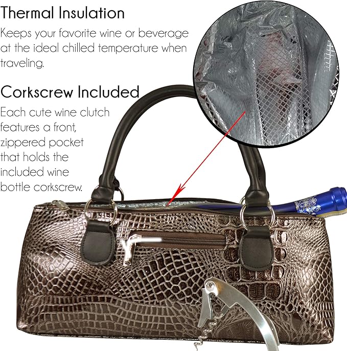 Primeware Wine Clutch Bag (Thermal Insulated) Trendy Women’s Carry Tote | Holds Red & White 750mL Bottles | Trendy Fashion | Incl. Portable Waiter-Style Corkscrew