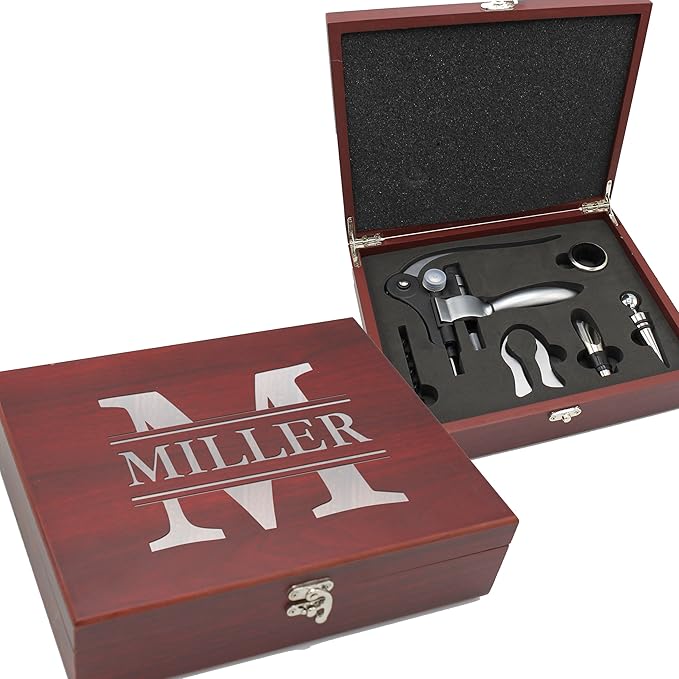 My Personal Memories Custom Engraved 5 Piece Wine Tool Opener Accessories Box Set - Customized Wine Lovers for Anniversary, Weddings, and More (Rosewood)