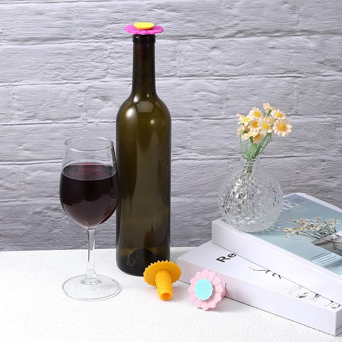 3 Pcs Wine Bottle Stopper Sunflower Cute Wines Bottle Stoppers Silicone Wine Stopper Wines Seal Stoppers Can Be Reused to Keep Fresh (Yellow Pink Purple)