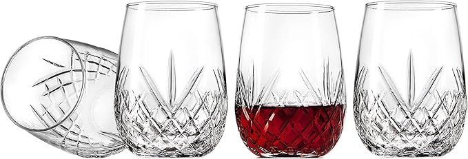 Godinger Wine Glasses Stemless Goblet Beverage Cups, Italian Made - Dublin Collection, 16oz, Set of 4