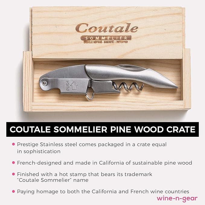 Prestige Waiters Corkscrew By Coutale Sommelier - Stainless Steel - Handmade and Sustainable Pinewood Crate - French Patented Spring-Loaded Double Lever Wine Bottle Opener for Bartenders and Gifts