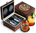 EVERYDAY COCKTAIL Old Fashioned Whiskey Glasses with Luxury Wooden Box - 10 Oz Rocks Barware for Scotch, Bourbon, Liquor, and Cocktail Drinks - Set of 2 Glasses -Chilling Stones -Slate Coasters