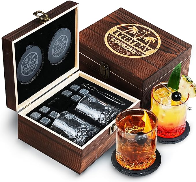 EVERYDAY COCKTAIL Old Fashioned Whiskey Glasses with Luxury Wooden Box - 10 Oz Rocks Barware for Scotch, Bourbon, Liquor, and Cocktail Drinks - Set of 2 Glasses -Chilling Stones -Slate Coasters